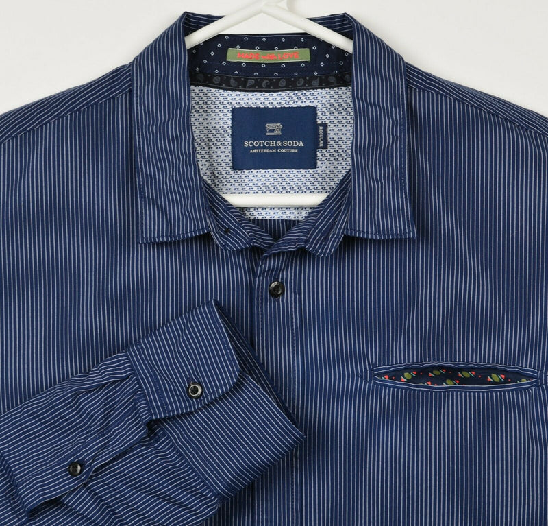 Scotch & Soda Men's Large Regular Fit Blue Pinstripe Roll-Tab Button-Front Shirt