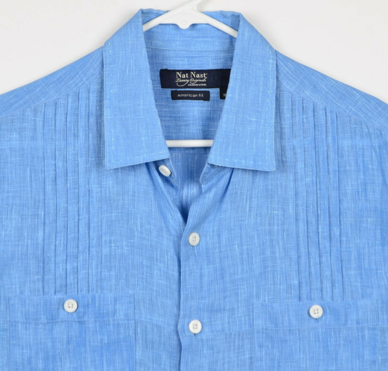 Nat Nast Men's Sz Medium American Fit 100% Linen Blue Ruffle Bowling Camp Shirt