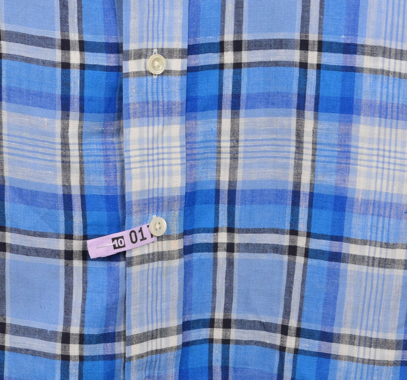 Faconnable Men's Sz 2XL 100% Linen Classique Deauville Blue Plaid Shirt