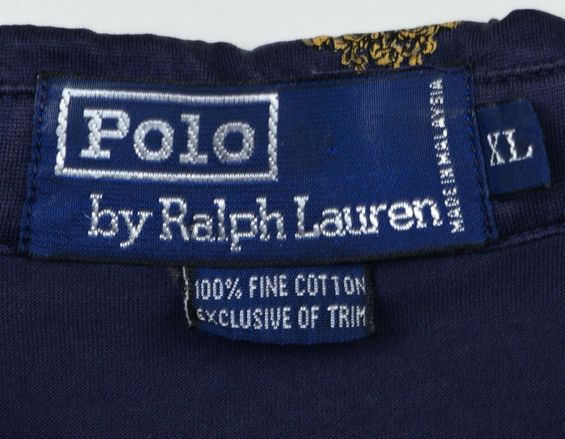 Polo Ralph Lauren Men's XL Crest Logo Horse King Patterned Navy Blue Polo Shirt