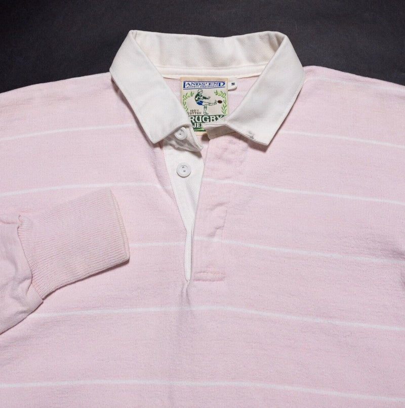Vintage Lands' End Rugby Shirt Men's Medium 80s Long Sleeve Jersey Pink Striped