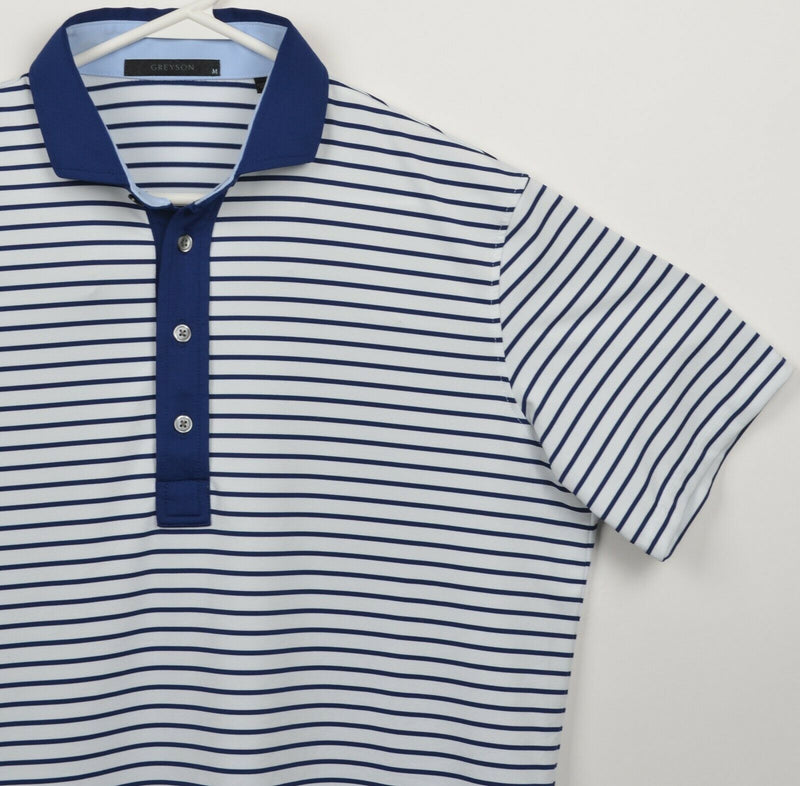 Greyson Men's Medium White Blue Striped Spread Collar Wicking Golf Polo Shirt