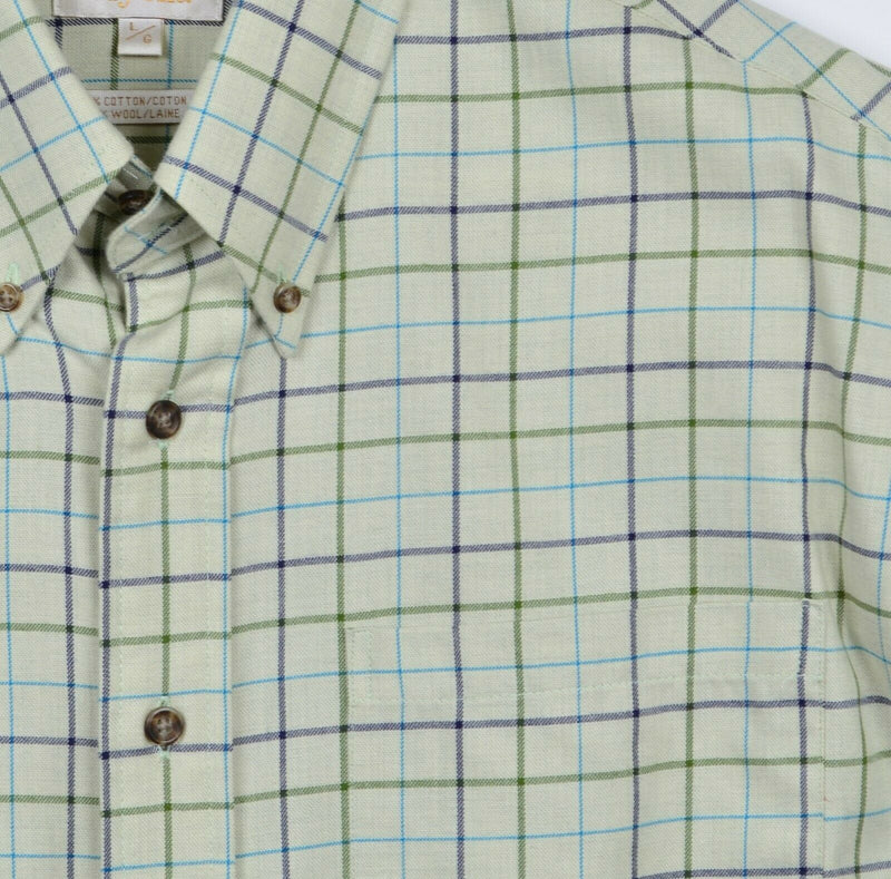 Viyella Men's Large Cotton Wool Blend Light Green Plaid Button Flannel Shirt