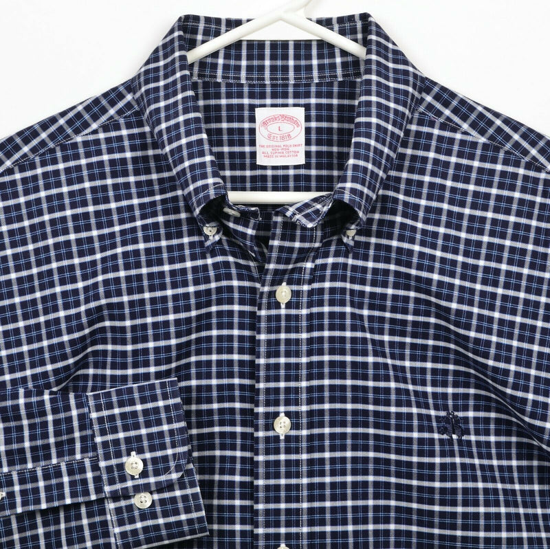 Brooks Brothers Men's Large Navy Blue Check Non-Iron Logo Button-Down Shirt