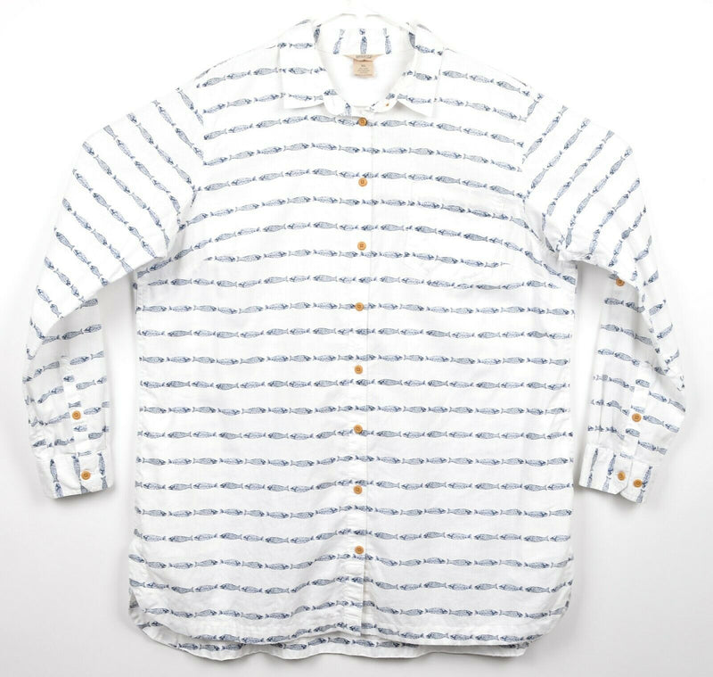Duluth Trading Co Women's Sz XL White Blue Fish Button-Front Shirt