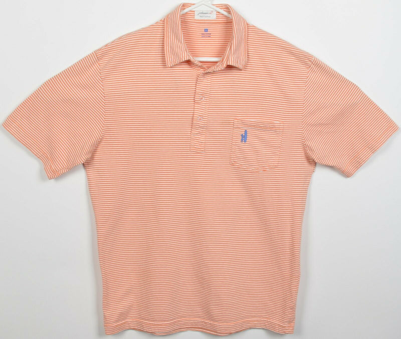 Johnnie-O Men's Medium Orange White Striped Surfer Logo Preppy Pocket Polo Shirt