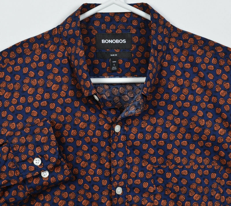 Bonobos Men's Large Long Slim Fit Pineapple Print Orange Navy Button-Down Shirt