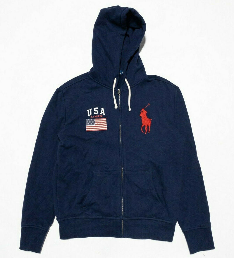 Polo Ralph Lauren USA Hoodie Blue Full Zip Big Pony Flag Men's Medium