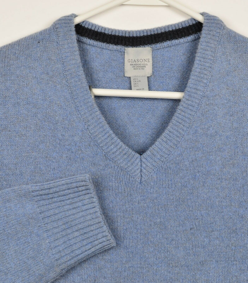 Giasone Men's Large Merino Wool Cashmere Blue Blend Italy Blue V-Neck Sweater