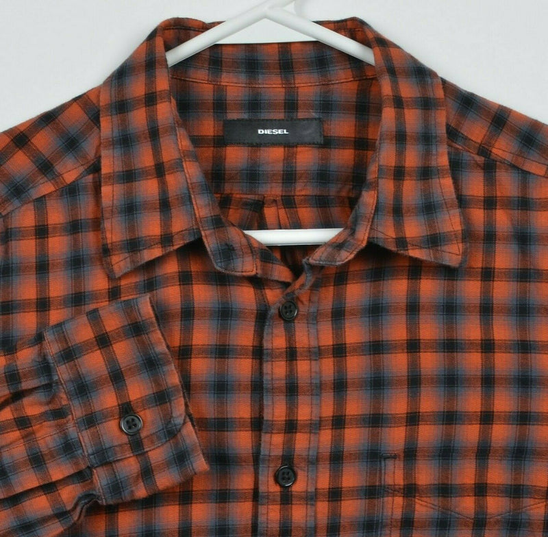 Diesel Men's Medium Orange Black Plaid Designer Long Sleeve Button-Front Shirt