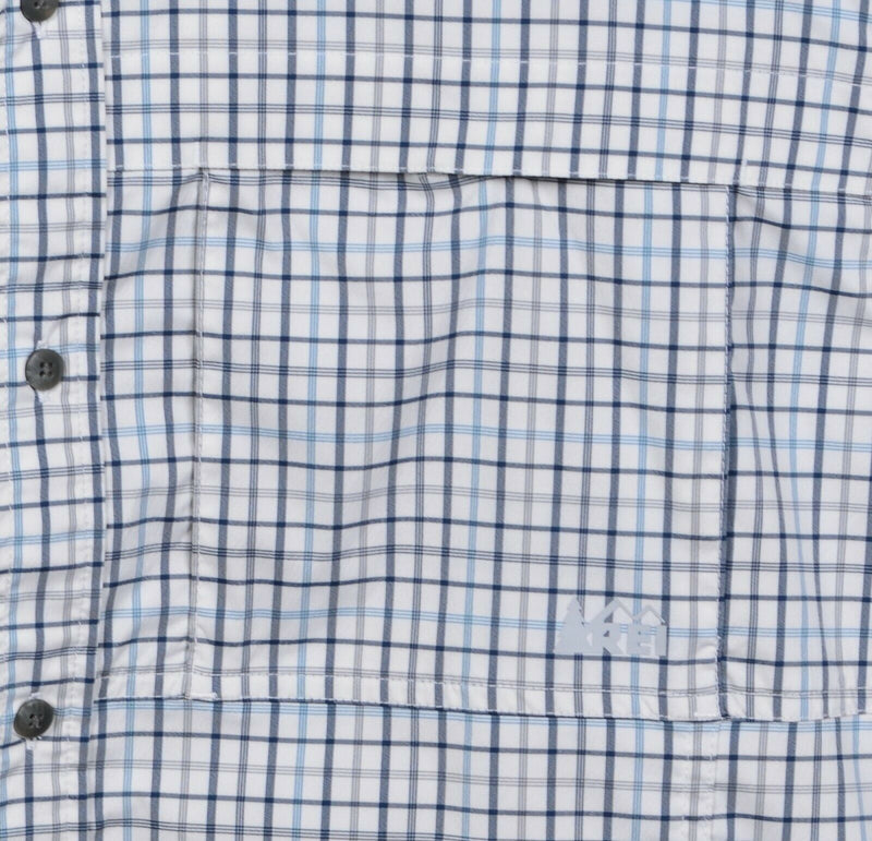 REI Men's XL Vented White Blue Plaid Hiking Travel Outdoor Button-Front Shirt