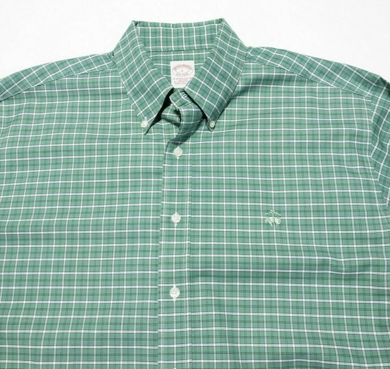 Brooks Brothers Non-Iron Button-Down Shirt Green Plaid Sheep Logo Men's Large