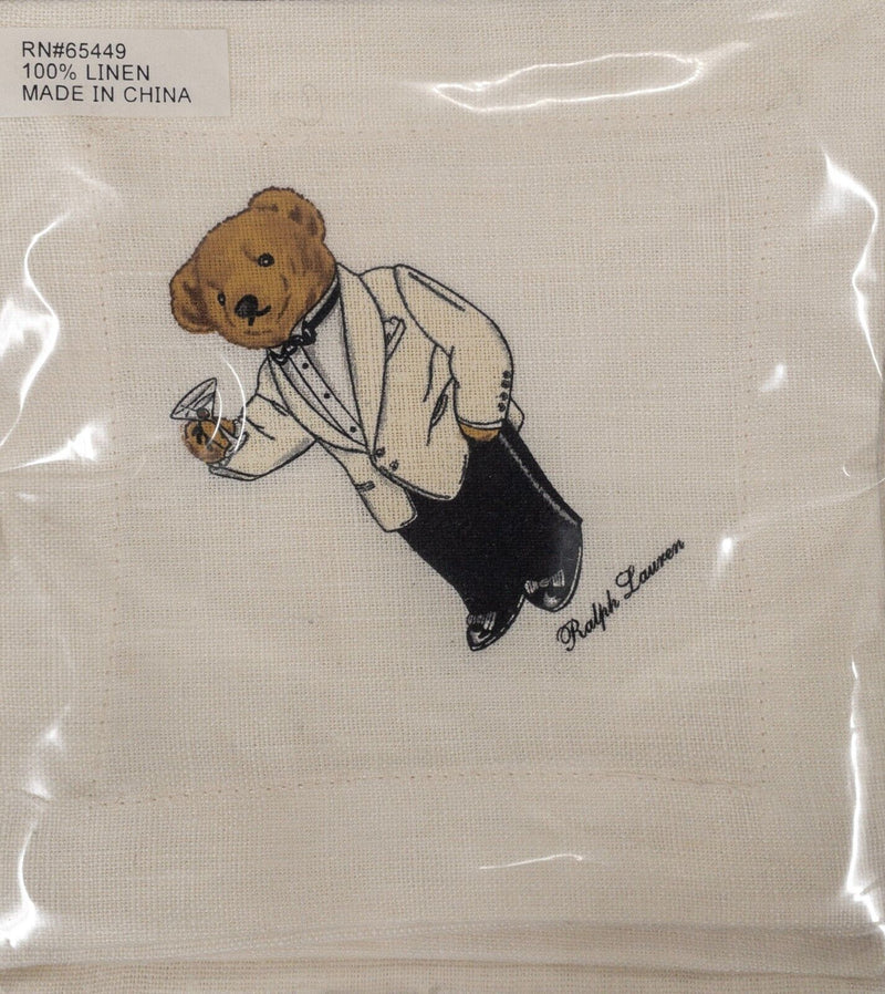 Polo Bear Ralph Lauren Tuxedo Cocktail Napkin Set Linen Set of 10 Vintage