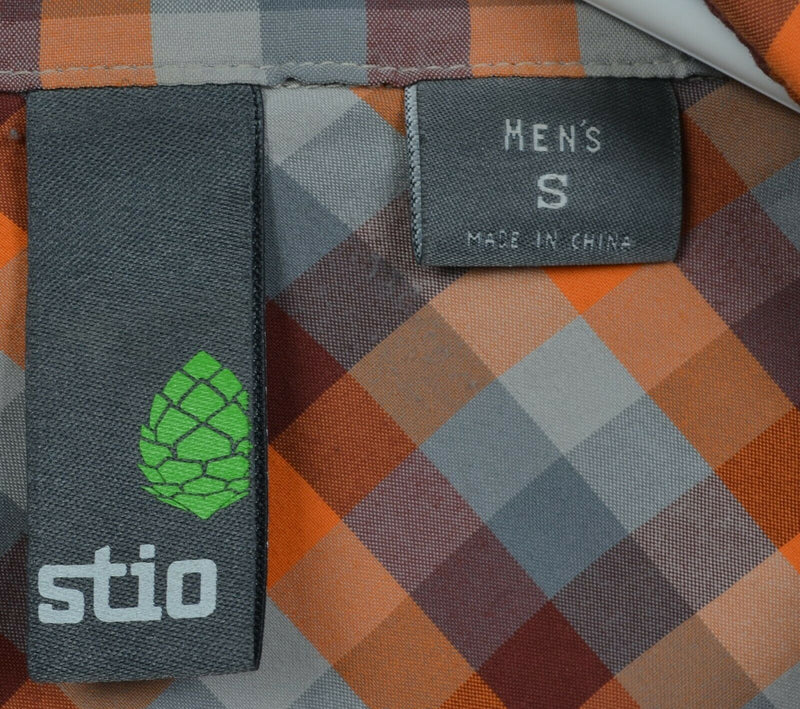 Stio Men's Small Pearl Snap Orange Gray Check Nylon Wicking Western Shirt