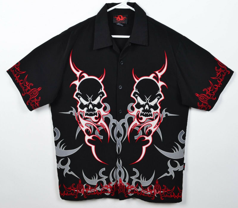 DC Clothing Men's Medium Skull Flames Black Red Tribal Polyester Y2K Camp Shirt