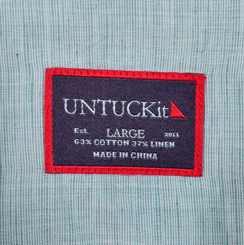 UNTUCKit Men's Large Green/Blue Linen Blend Short Sleeve Button-Front Shirt