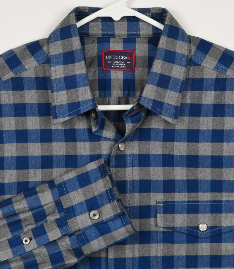 UNTUCKit Men's Sz Medium Pearl Snap Blue Gray Buffalo Plaid Western Shirt