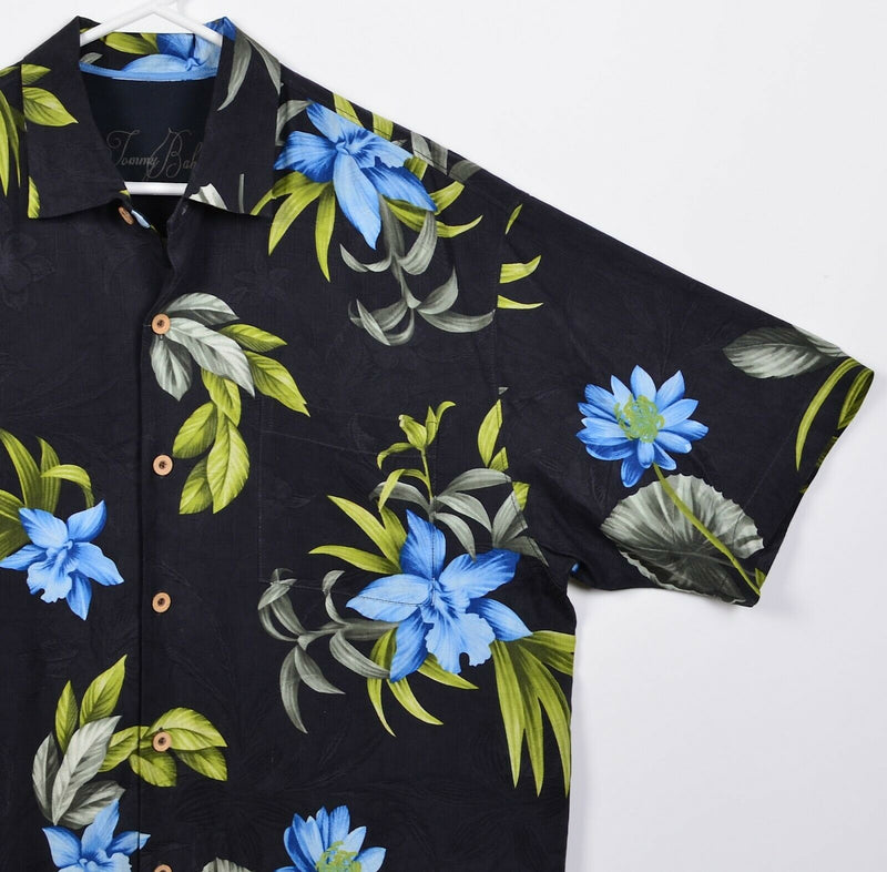 Tommy Bahama Men's Large 100% Silk Black Blue Green Floral Hawaiian Aloha Shirt