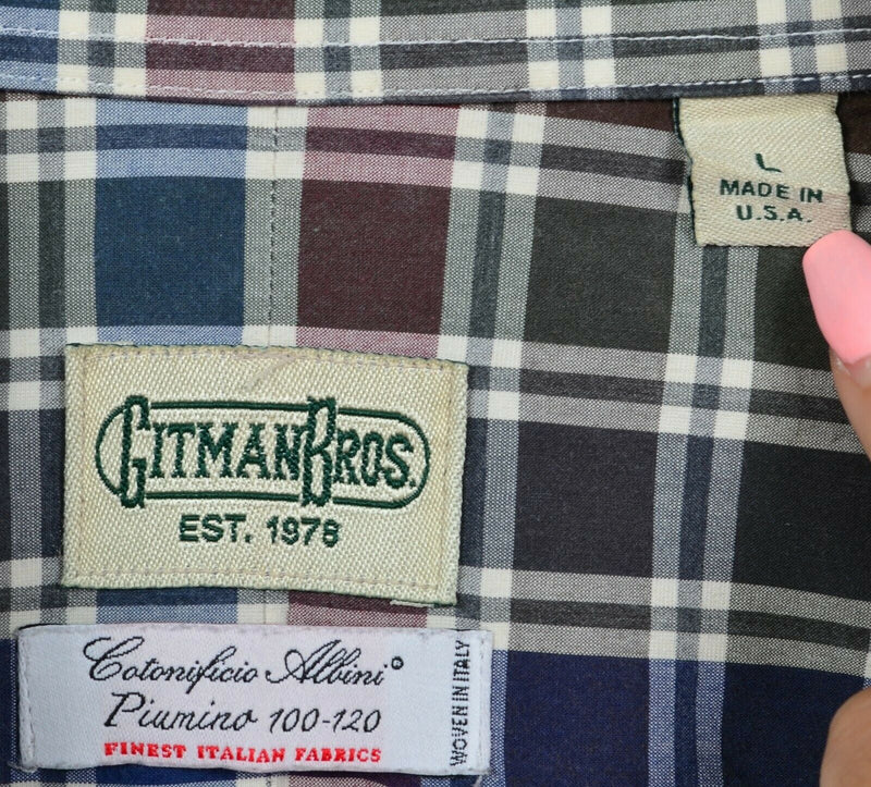 Gitman Bros. Men's Large Green Red Blue Check Vintage USA Button-Front Shirt