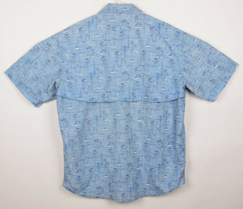 LL Bean Men's Sz Large Regular Vented Fish Tiki Hut Pattern Fishing Hiking Shirt