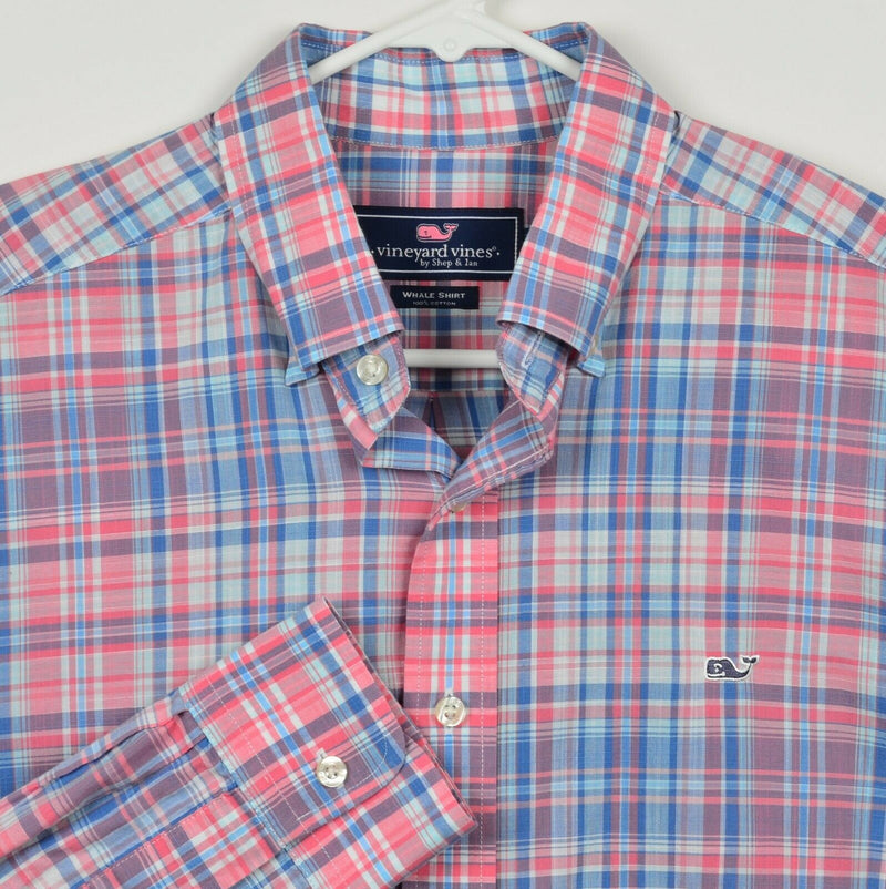 Vineyard Vines Men's Medium "Whale Shirt" Pink Blue Plaid Button-Down Shirt