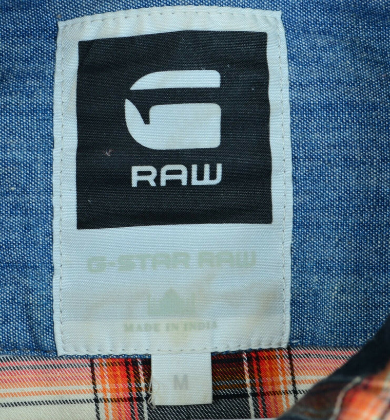 G-Star Raw Men's Medium Orange Gray Plaid Embroidered Snap Front Western Shirt