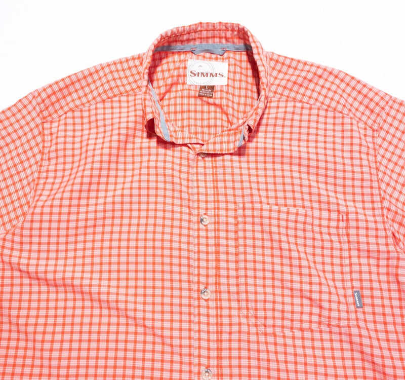 Simms Fishing Shirt Large Men's Nylon Wicking Orange Short Sleeve Button-Front