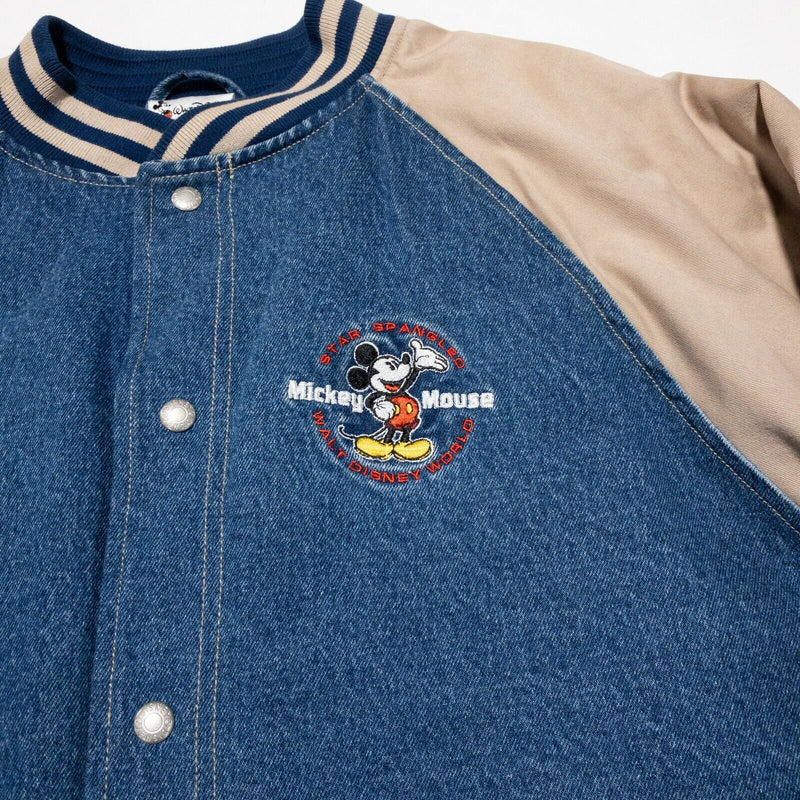 Disney Denim Jacket Vintage Bomber Adult Large Snap Mickey Mouse USA Varsity