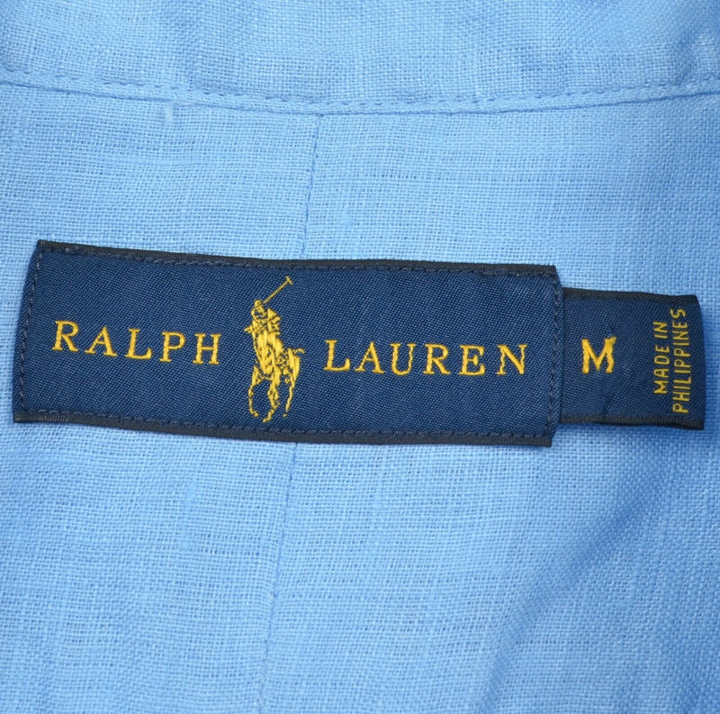 Ralph Lauren Men's Sz Medium 100% Linen Solid Light Blue Button-Front Shirt