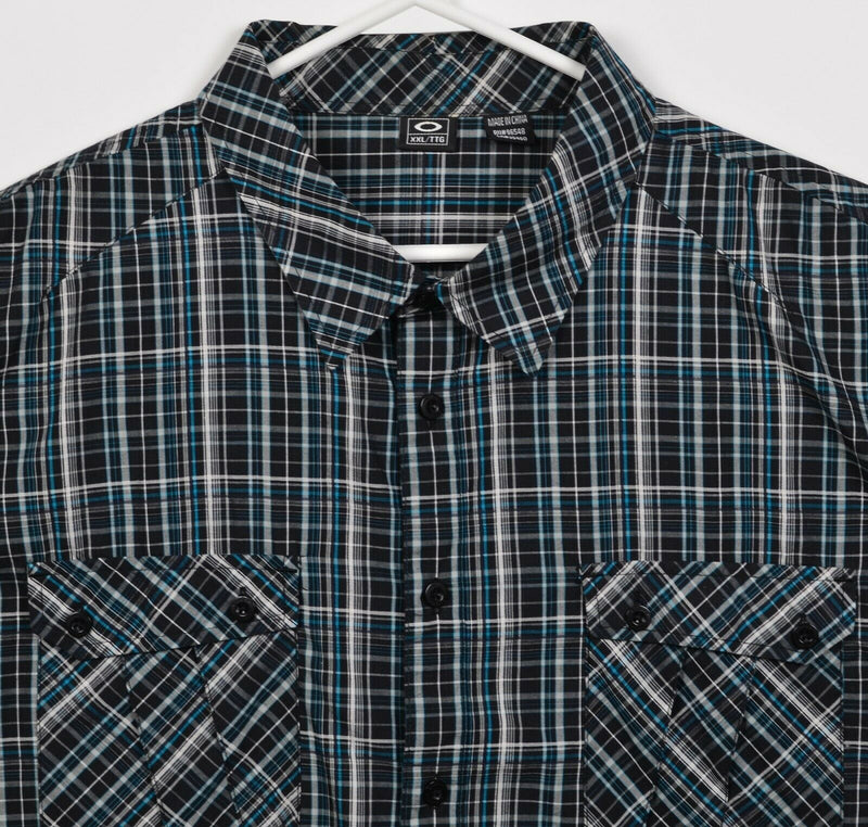 Oakley Men's 2XL Black Turquoise Plaid Cotton Polyester Blend Button-Front Shirt