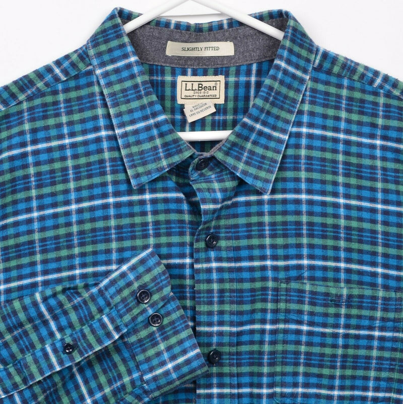 L.L. Bean Men's 2XL Regular Blue Green Plaid Three-Season Chamois Flannel Shirt