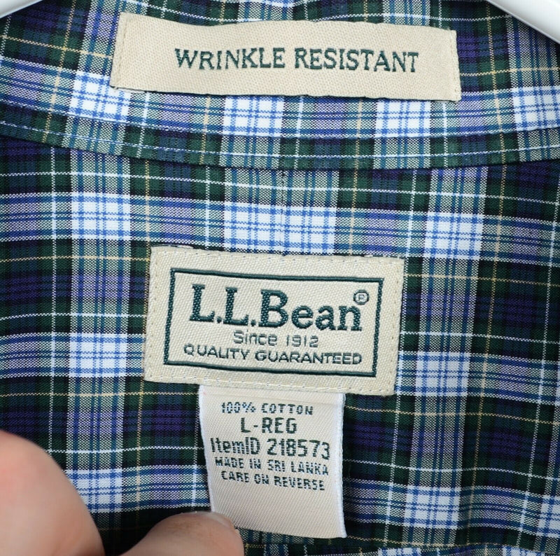 L.L Bean Men's Large Wrinkle Resistant Blue Green Plaid Button-Down Shirt