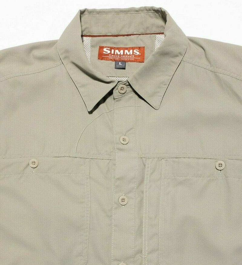 Simms Fishing Vented Button-Front Shirt Wicking Solid Khaki Brown Men's Large