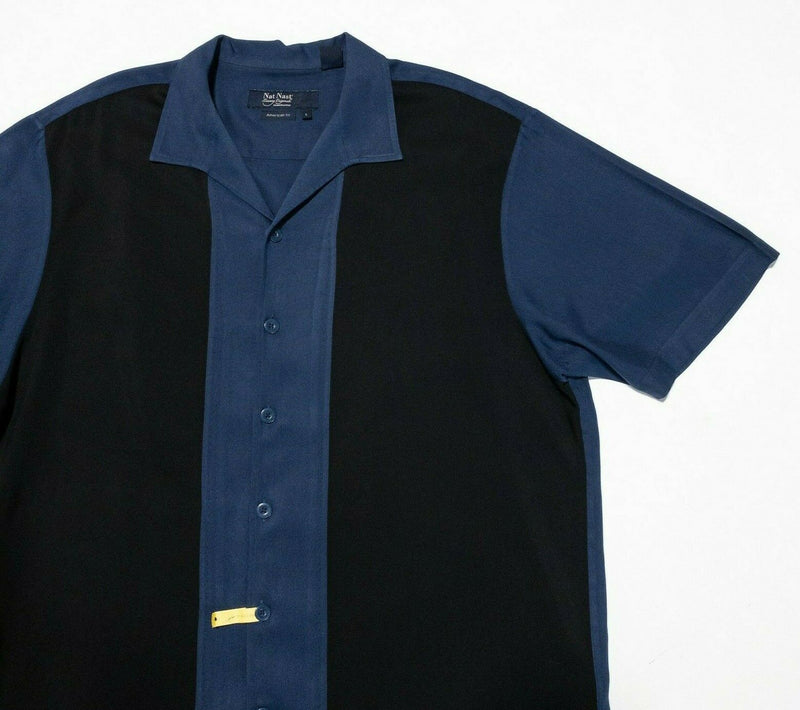 Nat Nast Silk Shirt Large American Fit Bowling Panel Retro Black Blue Striped