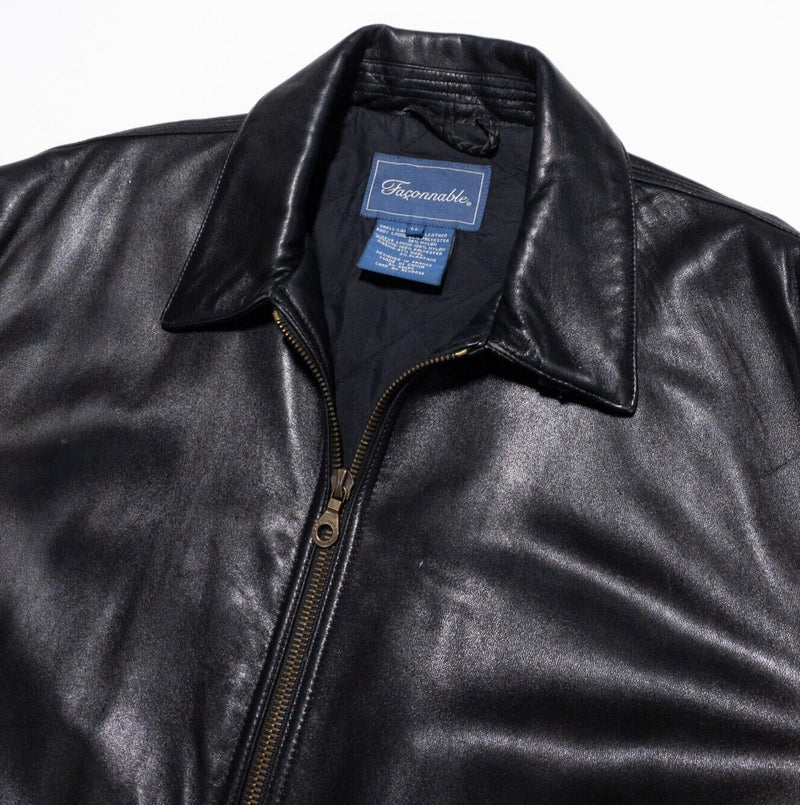 Faconnable Leather Jacket Men's Large Quilt Lined Solid Black Collared Classic
