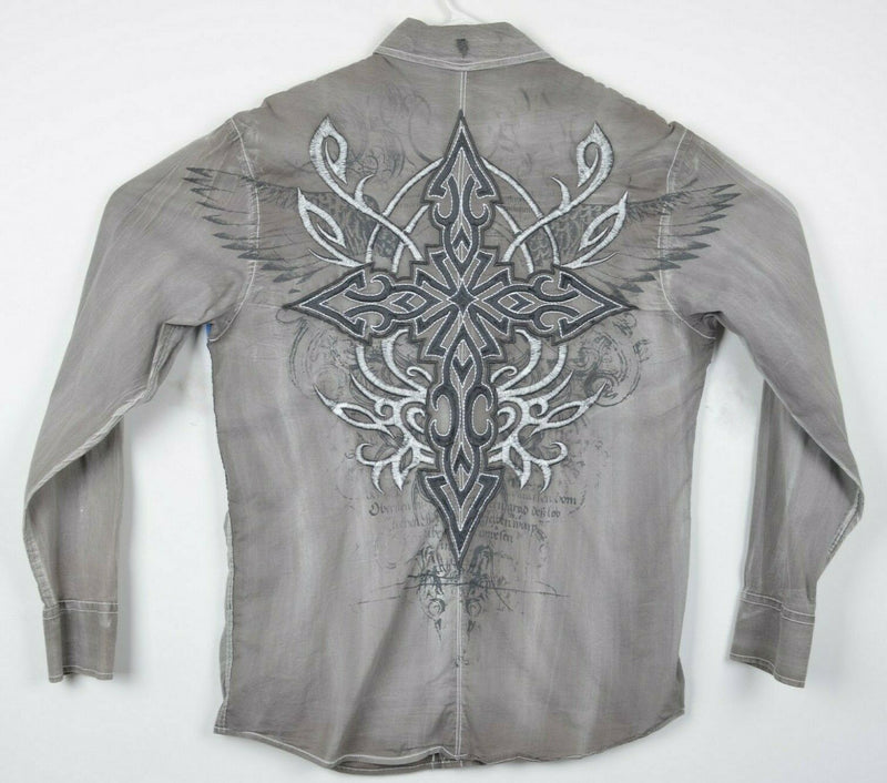 Roar Men's Large Embroidered Cross Wings Tribal Gray Distressed Noble Shirt