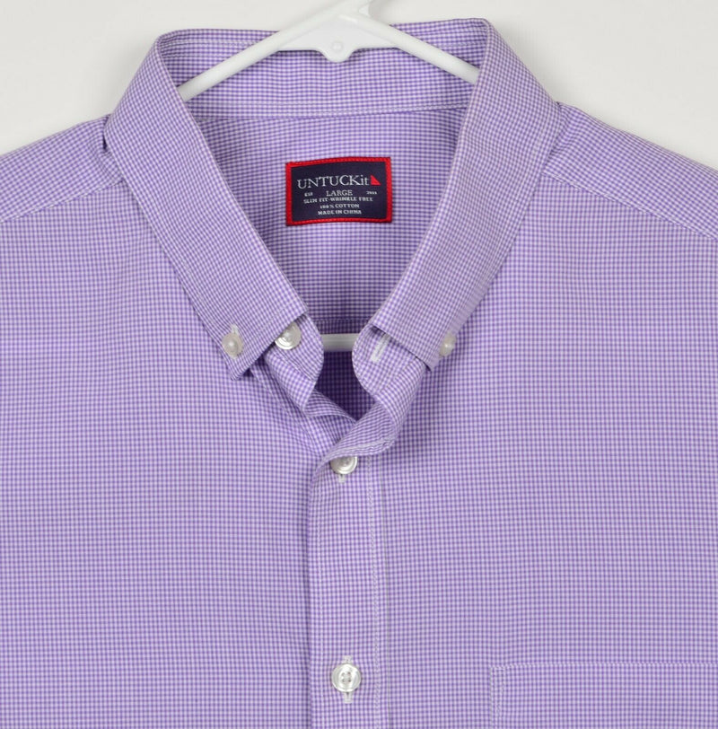 UNTUCKit Men's Large Slim Fit Wrinkle Free Purple Micro-Check Plaid Shirt