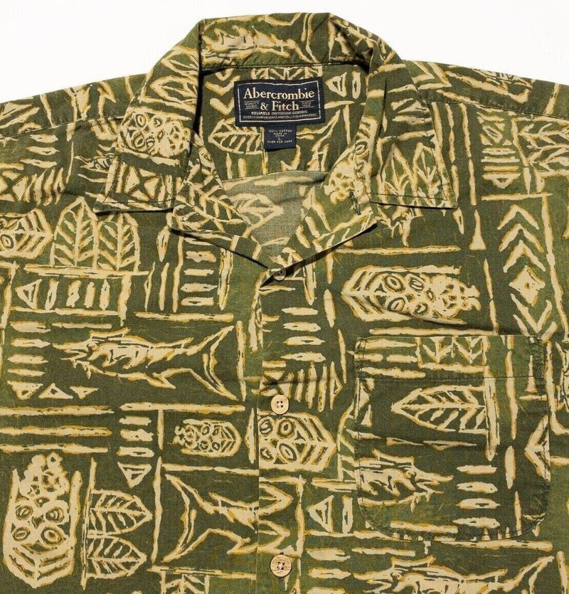 Abercrombie & Fitch Hawaiian Shirt Large Men's Vintage 90s Fish Camp Green Aloha