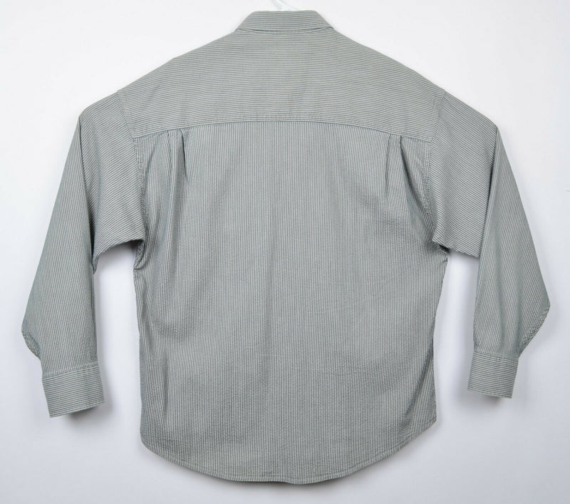 Yves Saint Laurent Men’s Medium Seersucker Hidden Button Gray Pinstriped Shirt