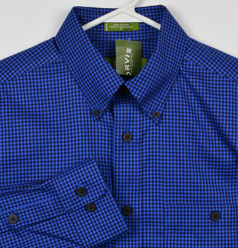 Orvis Men's Medium Wrinkle Free Buffalo Check Blue Black Button-Down Shirt