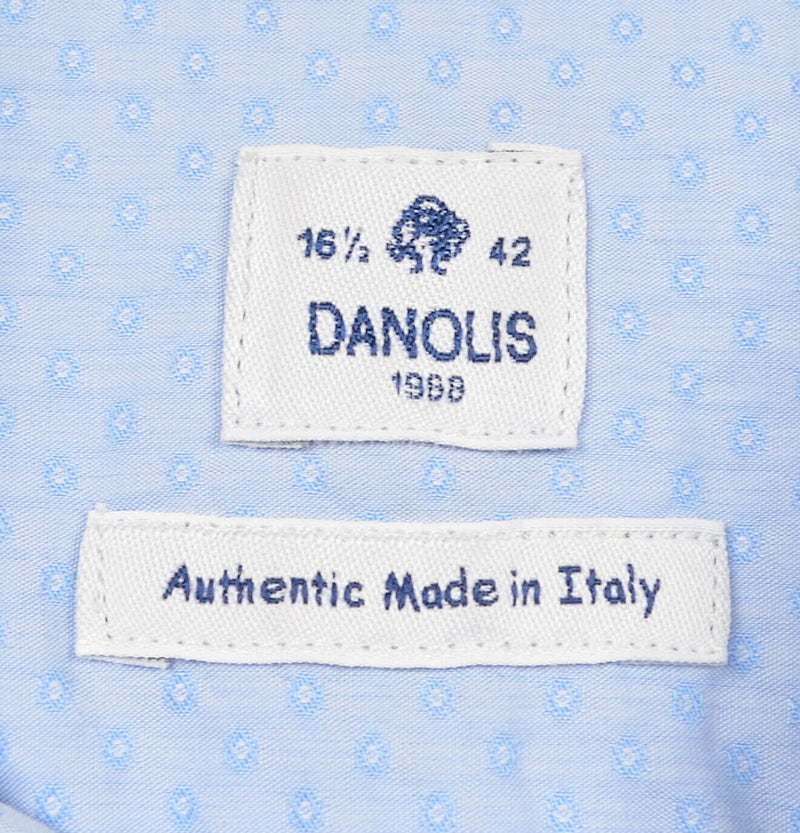 Danolis Men's Sz 16.5/42 Blue Polka Dot Made in Italy Button-Down Dress Shirt