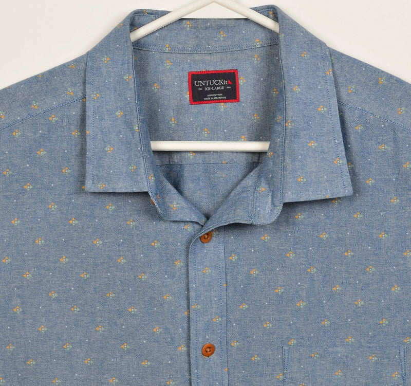 UNTUCKit Men's 2XL Blue Geometric Chambray Short Sleeve Button-Front Shirt