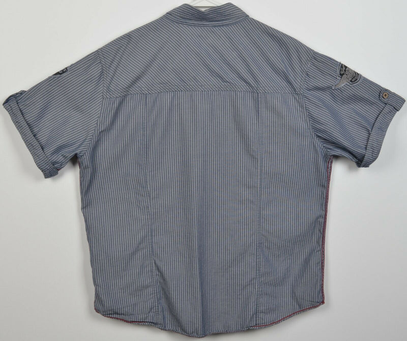 Harley-Davidson Men's XL Blue Pinstripe HDMC Patches Garage Mechanic Biker Shirt