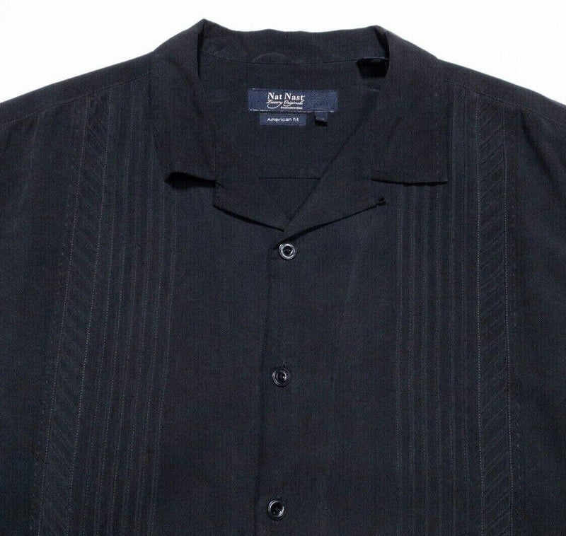 Nat Nast Silk Shirt 2XL Men's Ruffle Panel Bowling Retro Hawaiian Camp Black