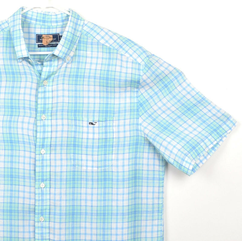 Vineyard Vines Men's Sz XL 100% Linen Blue Plaid Whale Classic Fit Tucker Shirt
