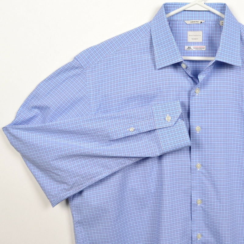 Culturata Thomas Mason Men's 2XL/18 Tailored Fit Blue Plaid Italian Dress Shirt