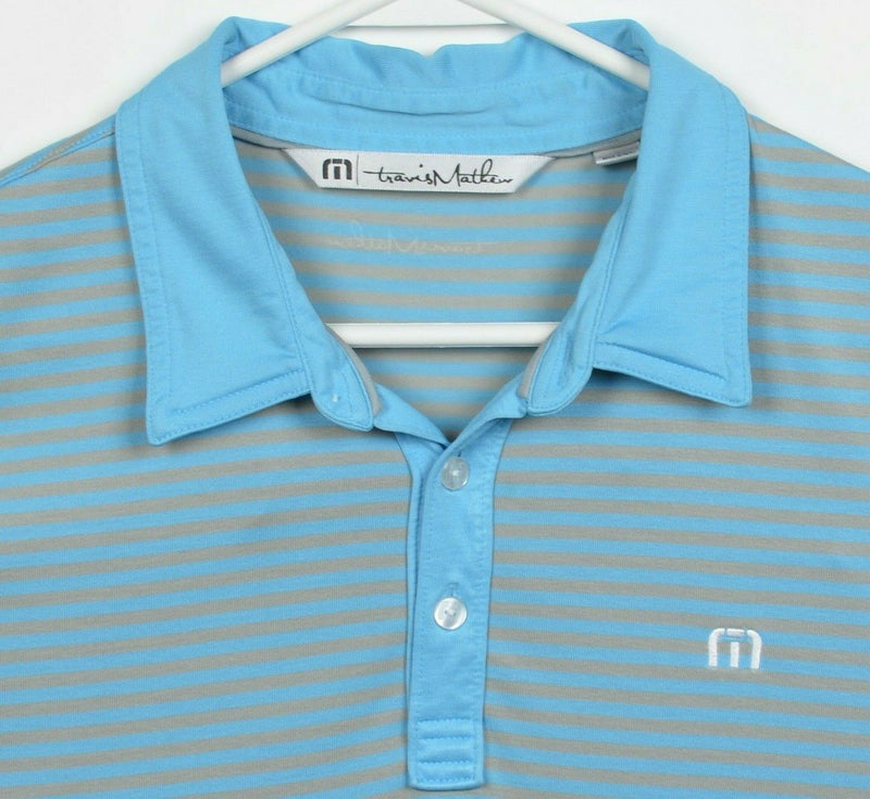 Travis Mathew Men's Large Blue Gray Striped Pima Cotton Poly Golf Polo Shirt