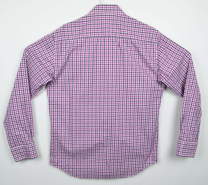 Bugatchi Uomo Men's Sz 15.5 Flip Cuff Pink Purple Plaid Check Long Sleeve Shirt