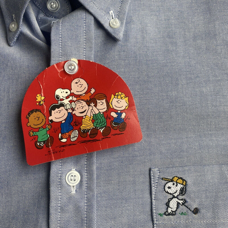 Vintage 70s Peanuts Men's 15 (Medium) Snoopy & Friends Golf Blue Oxford Shirt