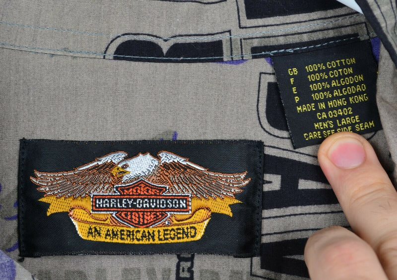 Harley Davidson Men's Sz Large Gray 1999 Graphic Short Sleeve Biker Camp Shirt